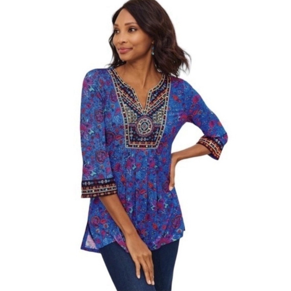 Soft Surroundings Blue Floral Beaded Tamuri Tunic 3/4 Sleeve Boho Art M New $120